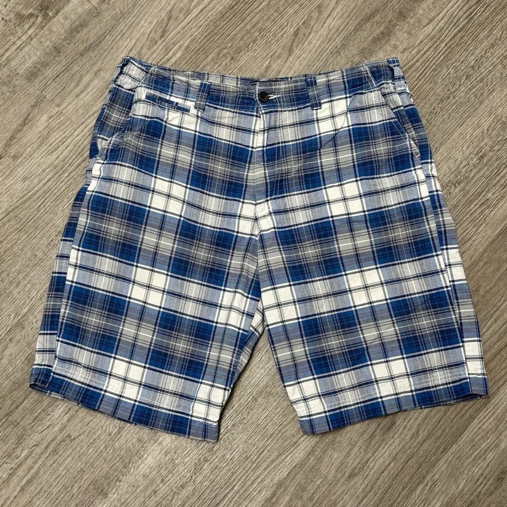 National Outfitters Mens Plaid Shorts Blue White Grey Cotton Size 36